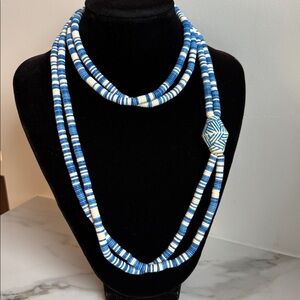 Avon 34” Blue White Beaded Necklace Double Strand Long 80s Boho Vintage 331